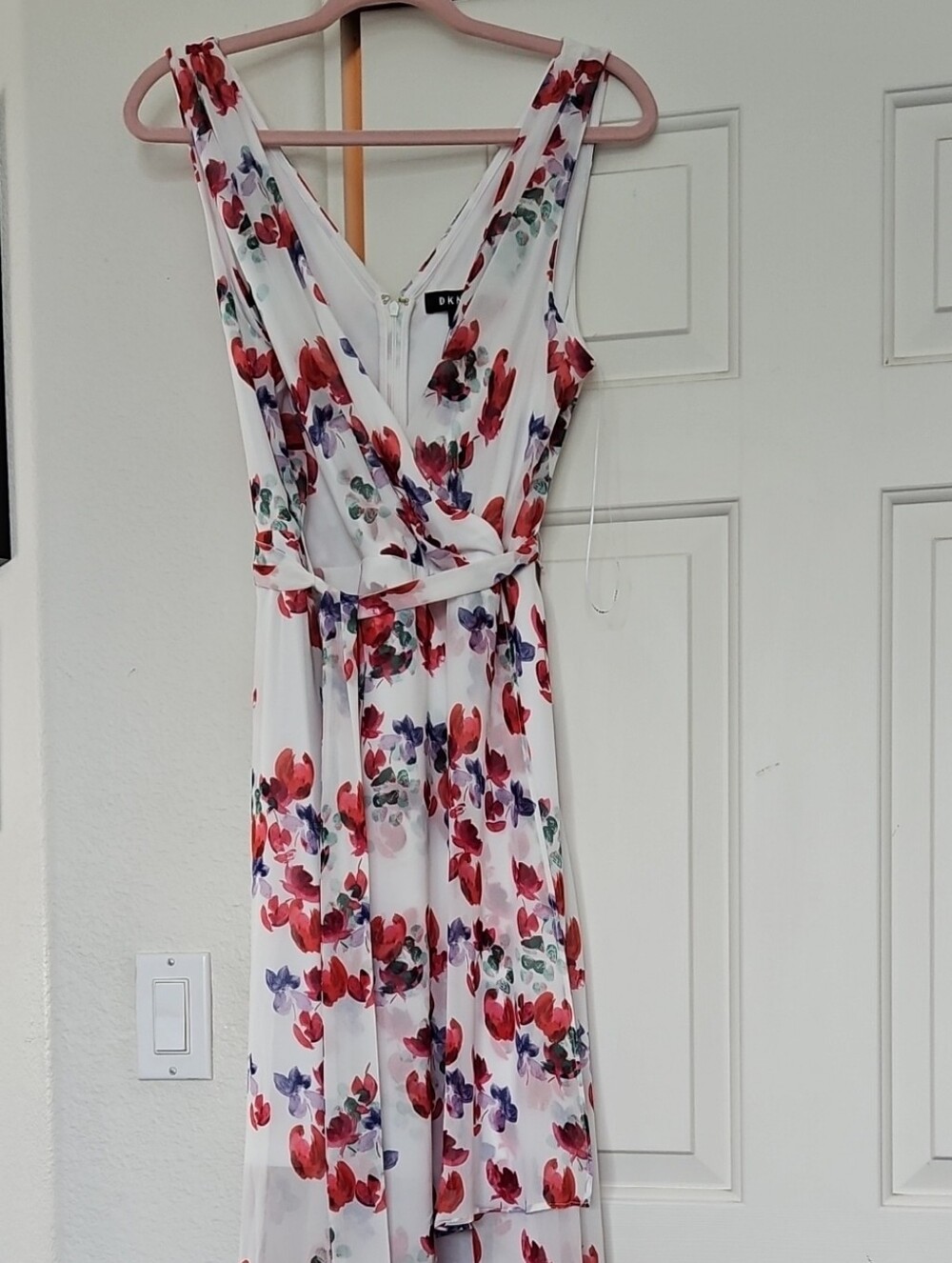SUMMER CLEARANCE DKNY White Maxi Dress with Red & Purple Floral Print